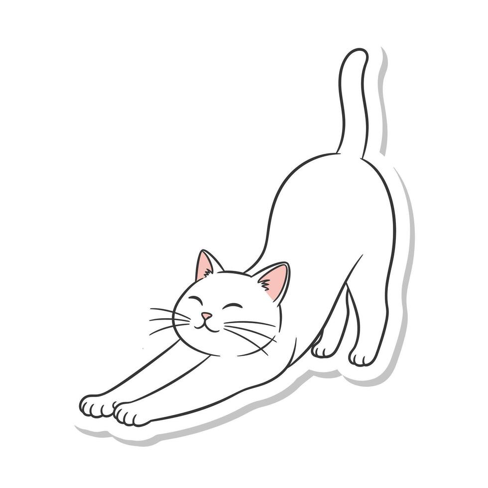 Cute white cat stretching isolated on white background in a cartoon style, a playful and adorable pet animal with a sweet and friendly expression, a simple and modern design vector