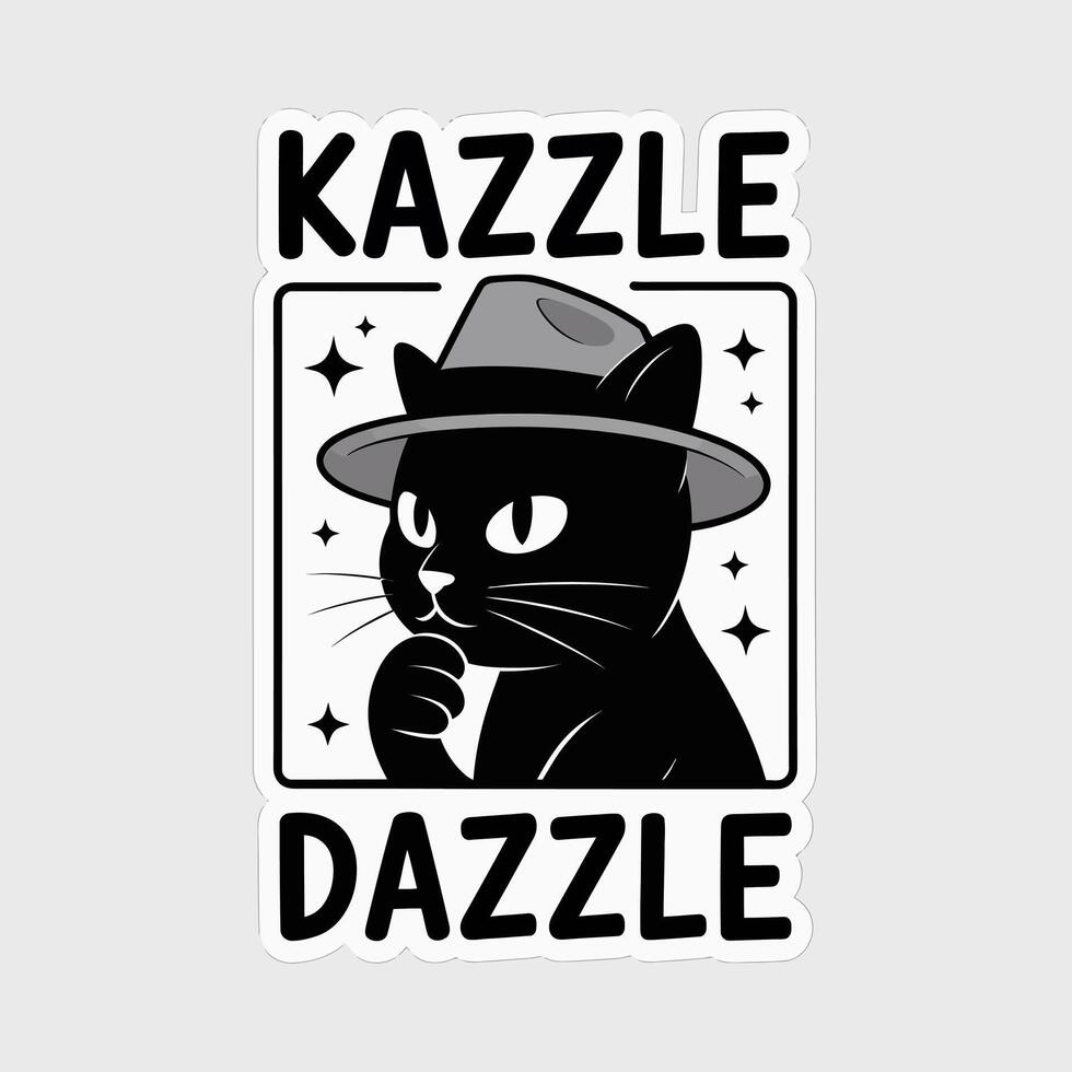 A cool black cat with a fedora hat, isolated on white background the cat is thinking with a clever expression, surrounded by stars and the words kazzle dazzle in a square frame vector