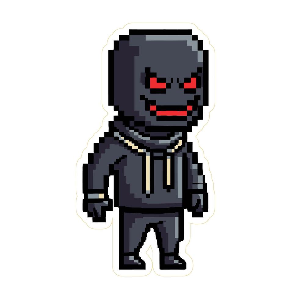 A pixel art illustration of an evil character with a hoodie isolated on white background, showcasing a retro game design with a vintage and digital style vector