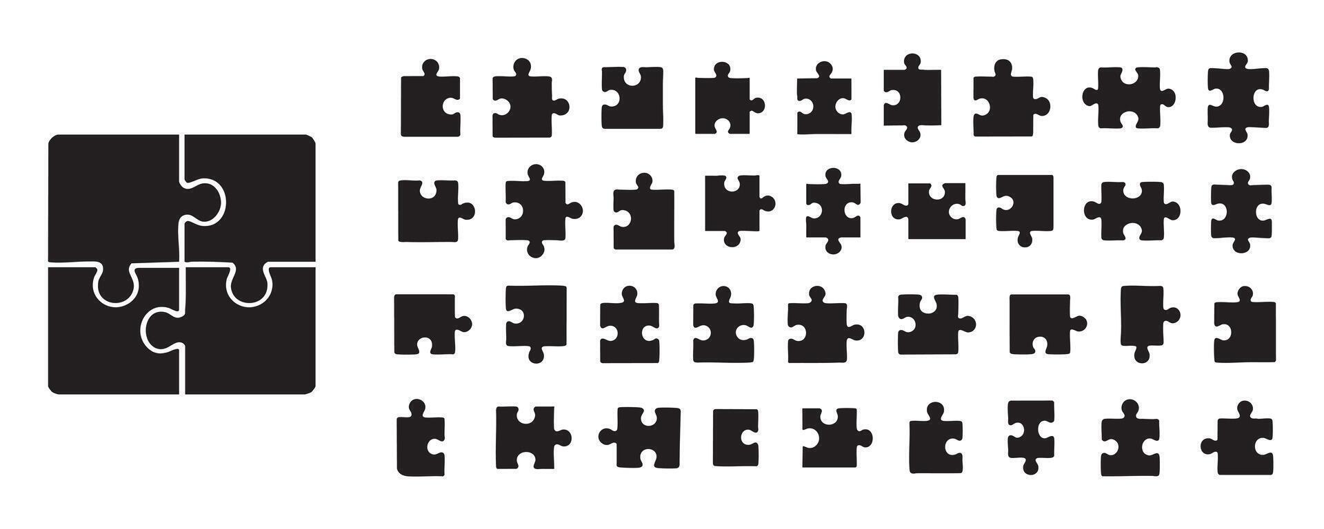 Black puzzle pieces and set arrangement, illustration. concept of problem solving, brain teaser, jigsaw, game, logic, icon, isolated design, creativity, white background. vector