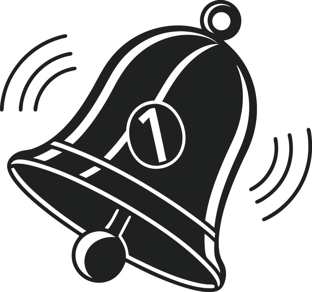 Black Notification Bell art Icon with Number 1 Badge and Ringing Spikes, Modern Alert Symbol for App and Web UI Design vector