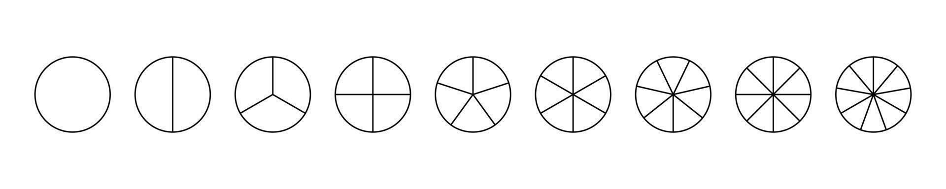 Template of pie chart Sectors divide the circle on equal parts. Coaching blank. Segmented charts. Parts of diagram wheel from 1 to 9. Outline black graphics. Set of pie charts, pizza charts. Segments vector