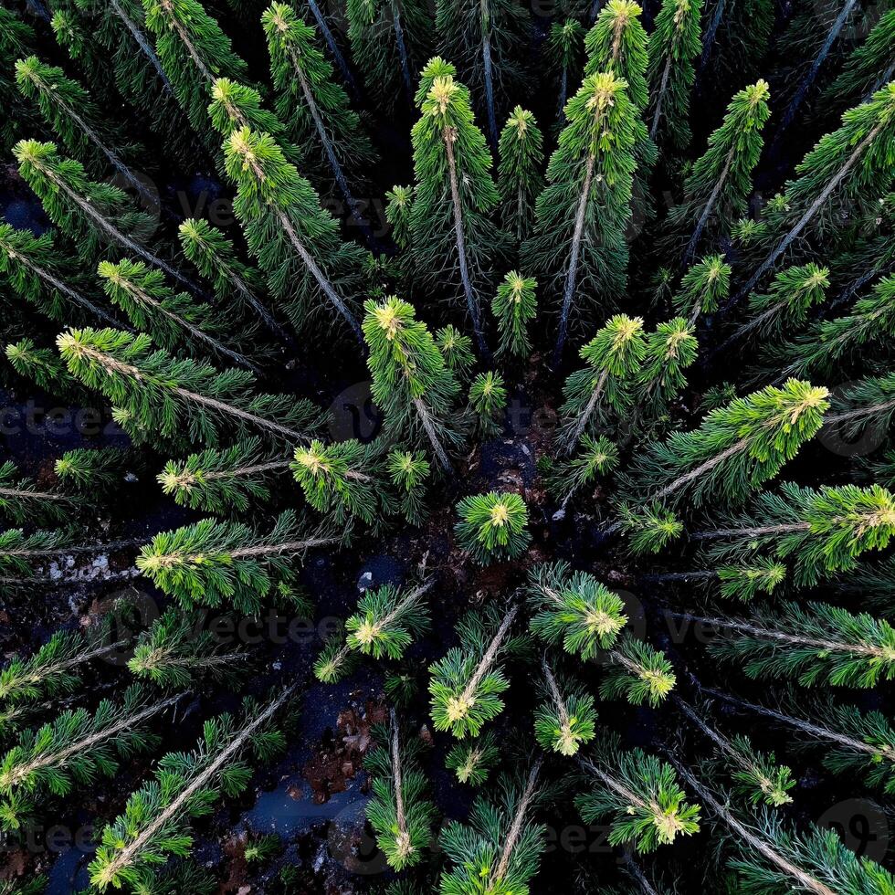 An aerial view captures a dense forest of vibrant green pine trees, creating a mesmerizing pattern. photo