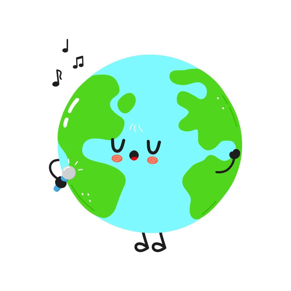 The Earth character joyfully singing into a microphone with musical notes around. vector