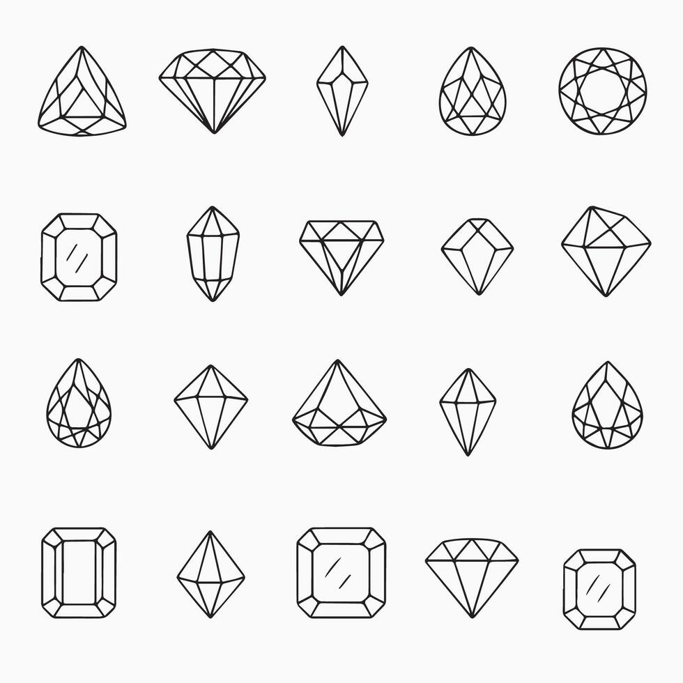 illustration featuring various geometric gemstone shapes, each uniquely represented with clear, precise lines. Ideal for jewelry design, graphics, or educational purposes. vector