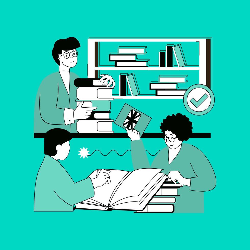 Education concept for modern web design. People reading book and textbooks in library or buying in bookshop, studying at lessons, gain knowledge and skills, training with teacher. illustration. vector