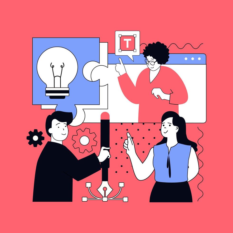 Graphic web design concept for modern website design. People working in team and networking, finding creative ideas, creating layouts and templates, coding and drawing content. illustration. vector