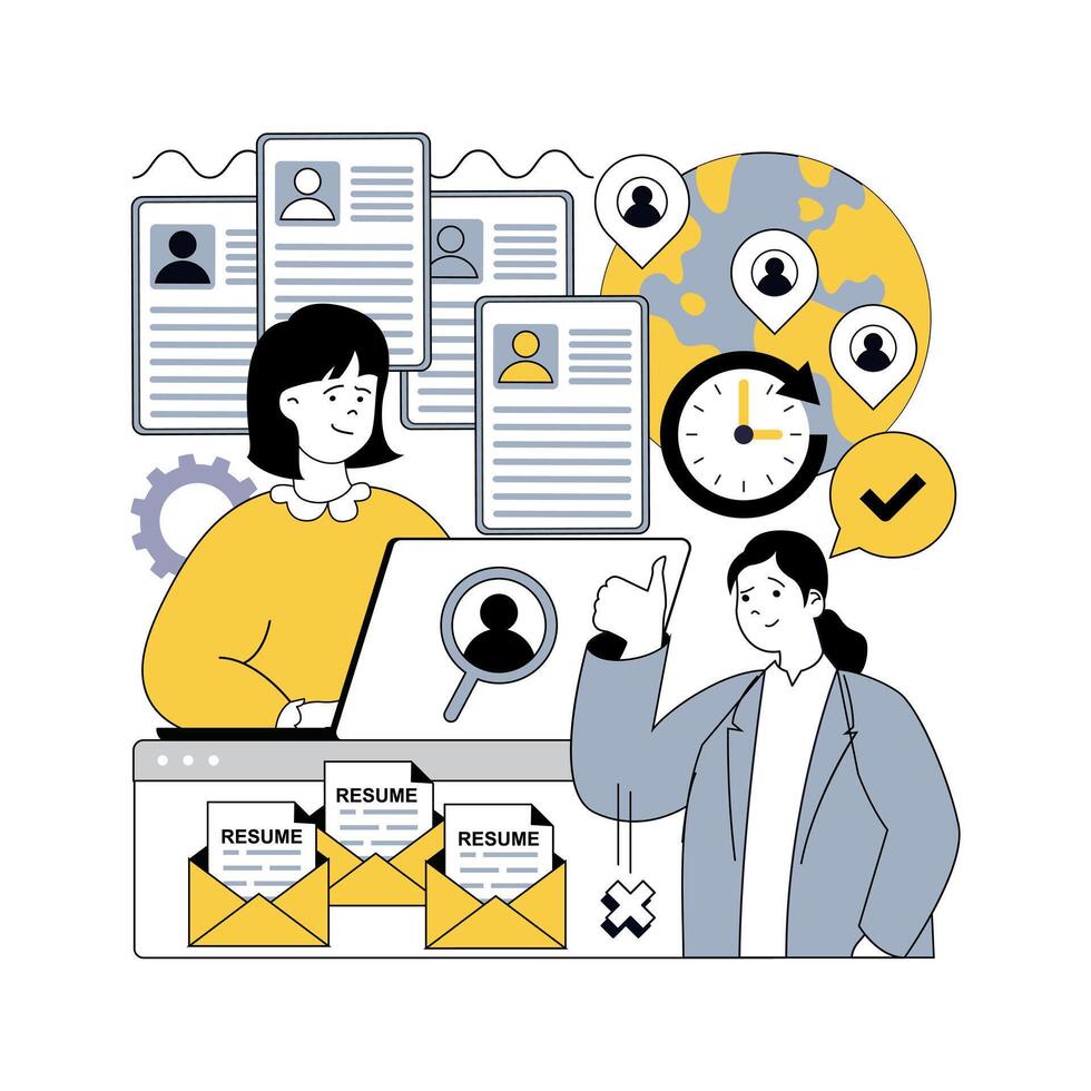 Human resources concept for modern web design. People searching cv online, recruiting international applicants, searching global cooperation, doing job interview to work contract. illustration. vector