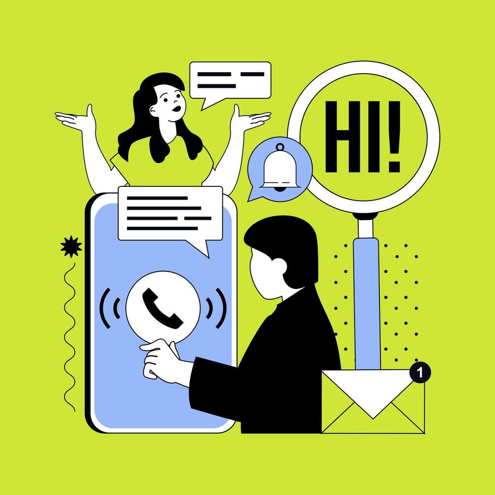 Lets talk concept for modern web design. People communicating online, gets notifications about new emails, answering messages and calls, connecting with friends in mobile app. illustration. vector