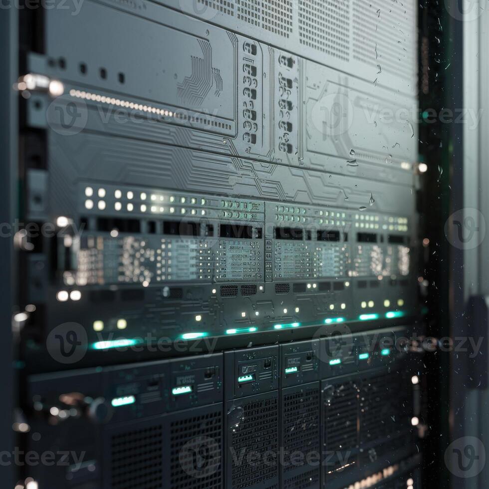 Close up of server racks with glowing lights and circuit board patterns data center technology 1 photo