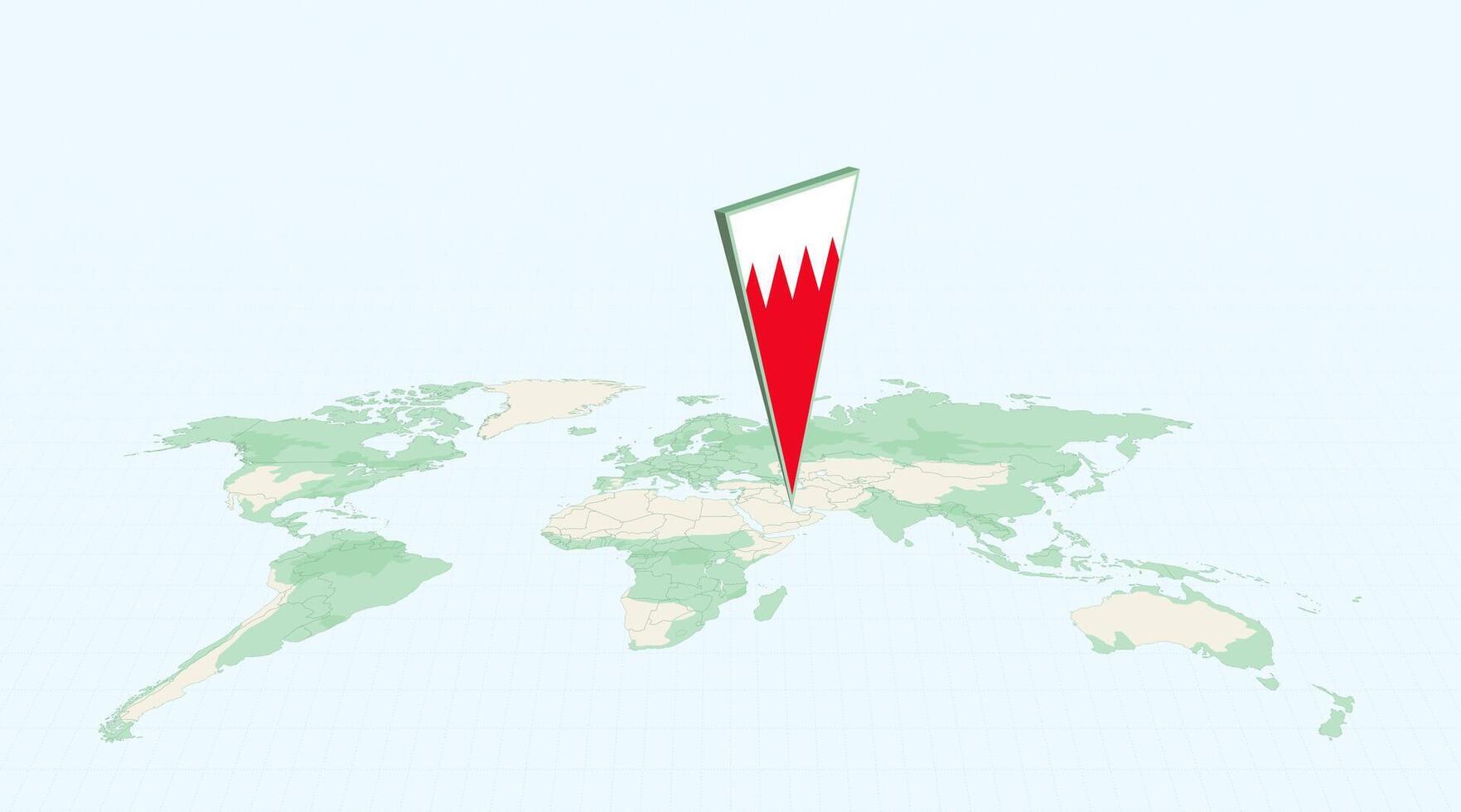 Highlighted Bahrain on Global Map with 3D Flag Location Pin of Bahrain. vector