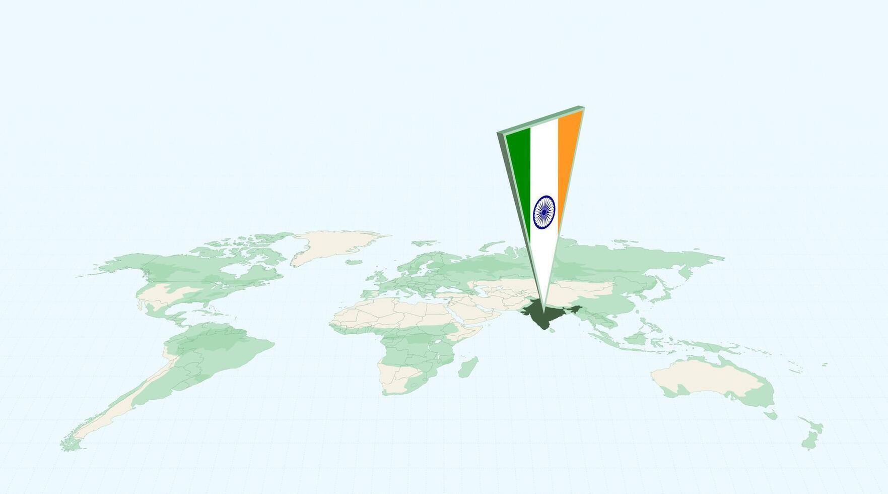 Highlighted India on Global Map with 3D Flag Location Pin of India. vector