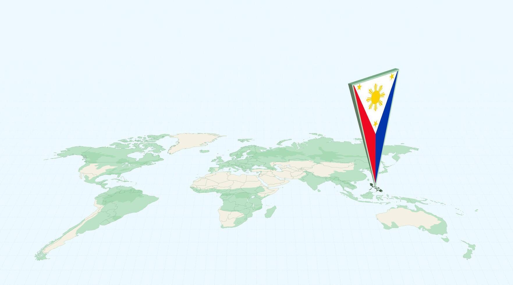 Highlighted Philippines on Global Map with 3D Flag Location Pin of Philippines. vector