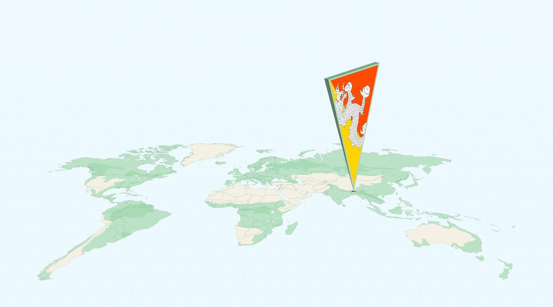 Highlighted Bhutan on Global Map with 3D Flag Location Pin of Bhutan. vector