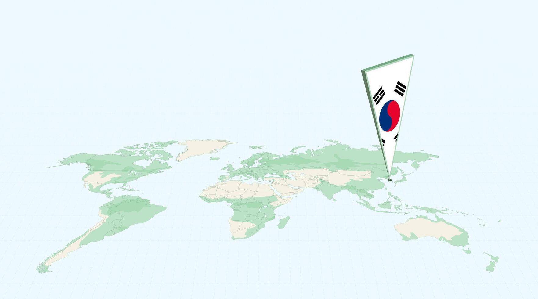 Highlighted South Korea on Global Map with 3D Flag Location Pin of South Korea. vector