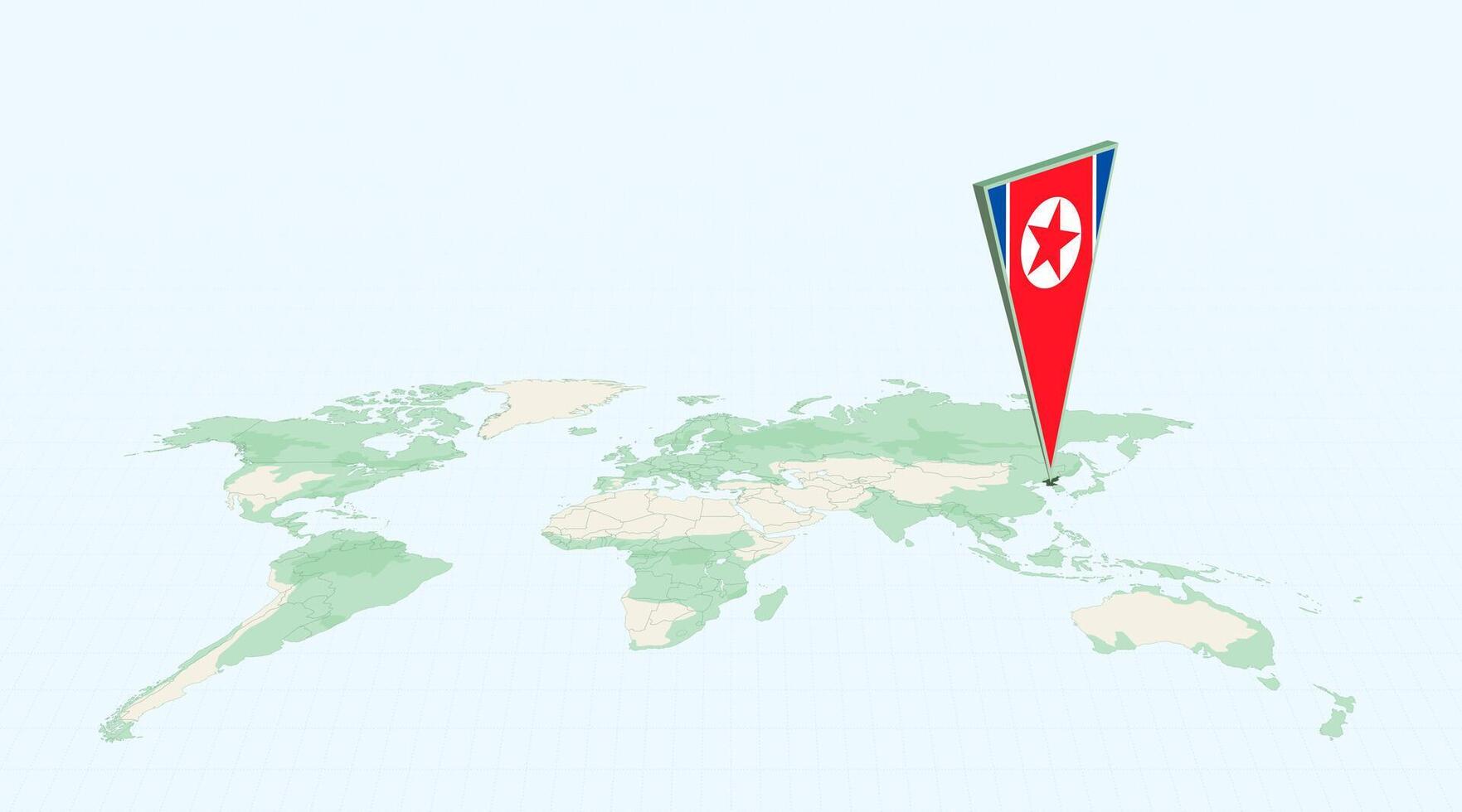 Highlighted North Korea on Global Map with 3D Flag Location Pin of North Korea. vector