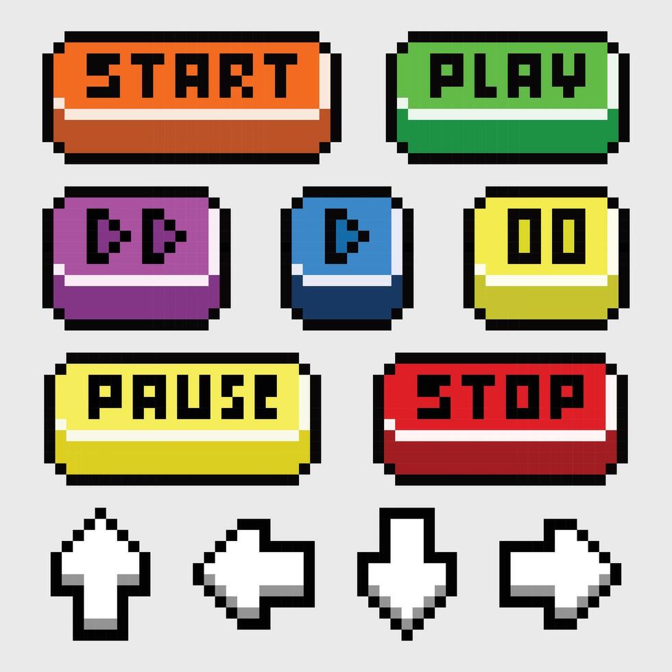 Pixel Game Buttons Pack Start, Play, Pause, Stop, Arrows vector