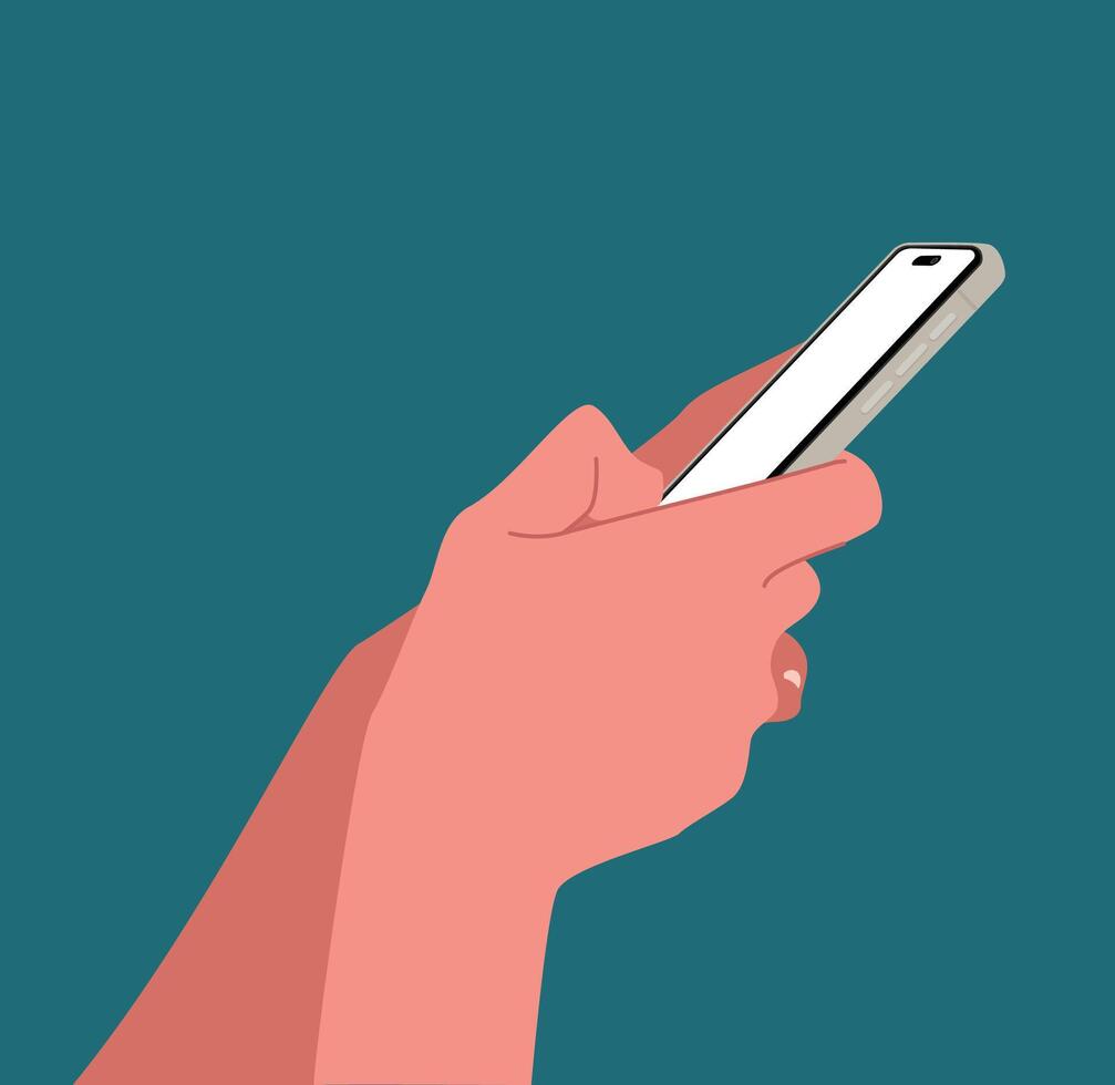 Hands using a smartphone with blank screen isolated on background Flat illustration. People chat, business time, using mobile apps, Contactless pay. Fingers touching, tapping, scrolling. vector