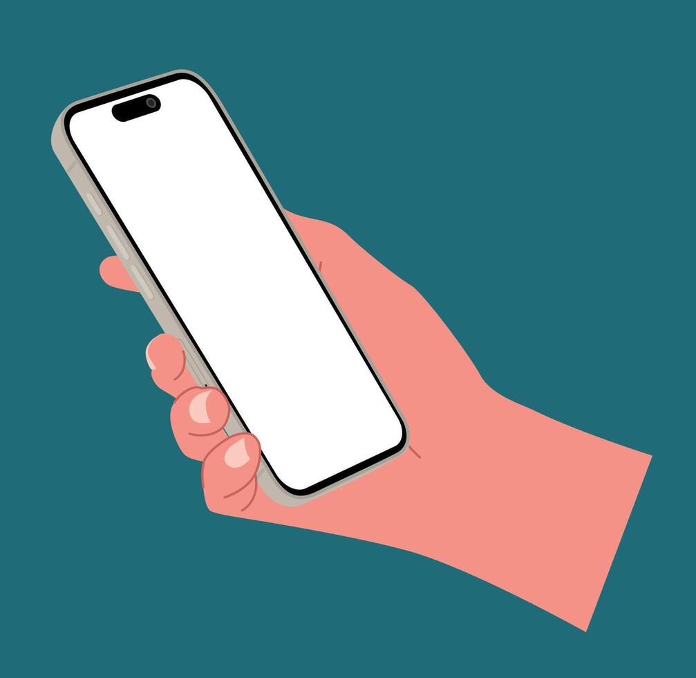 A hand using a smartphone with blank screen isolated on background Flat illustration. People chat, business time, using mobile apps. vector