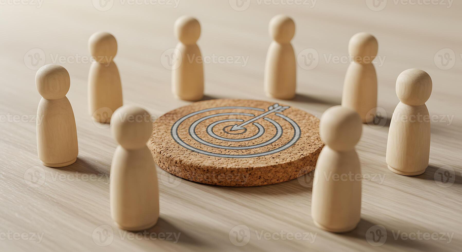 Wooden figures arranged in a circle around a circular maze indicating a collaborative problem solving session photo