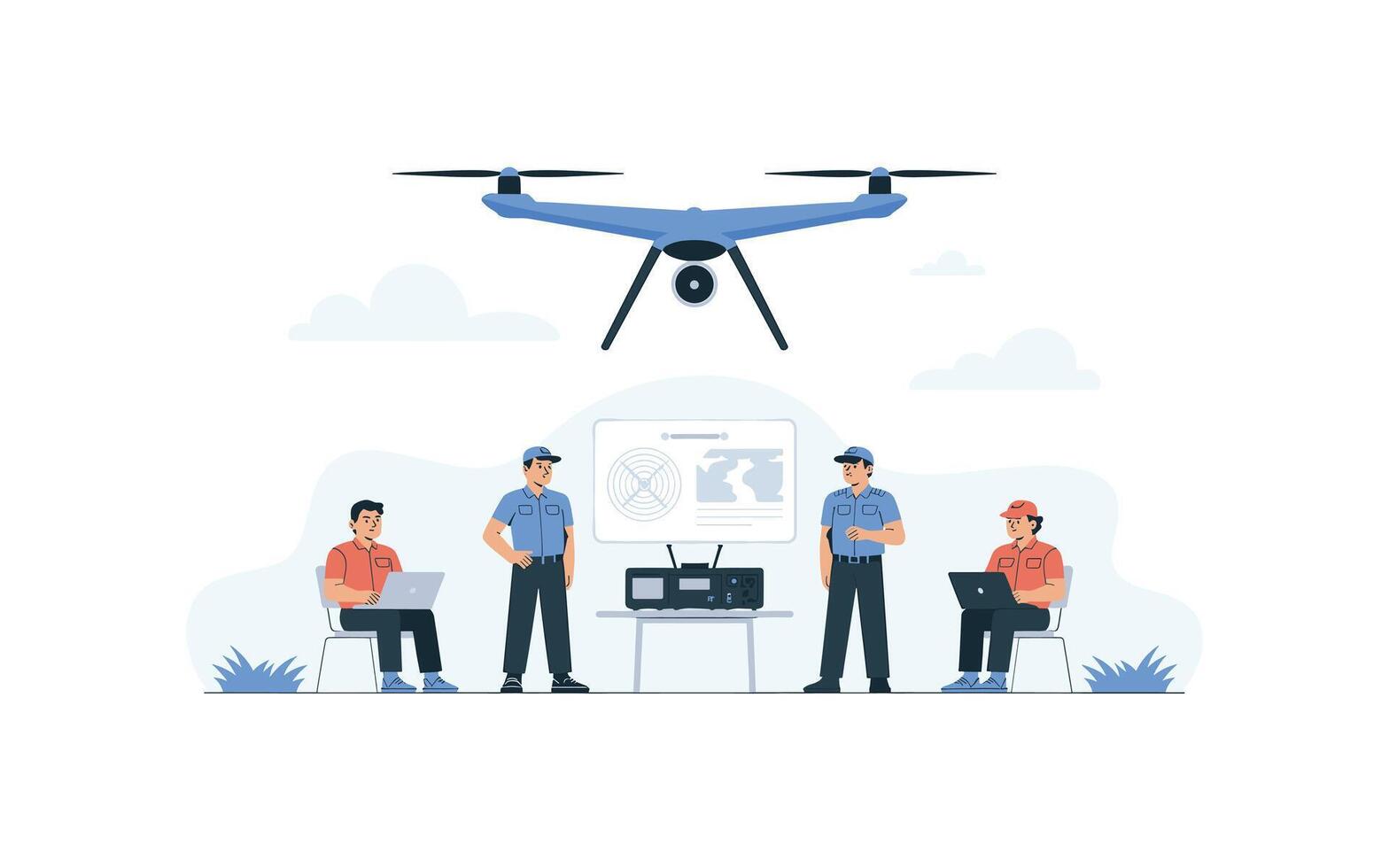 Drone Technology and Operations Team Monitoring with Computer, Data Analysis, and Advanced Communication Equipment for Enhanced Security and Surveillance Solutions vector