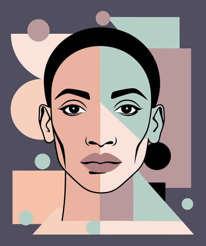 Cubist abstract portrait of a black's man face. Bold black outlines define the features and geometric shapes arranged asymmetrically. Colors can be changed. Ideal for background or poster. vector