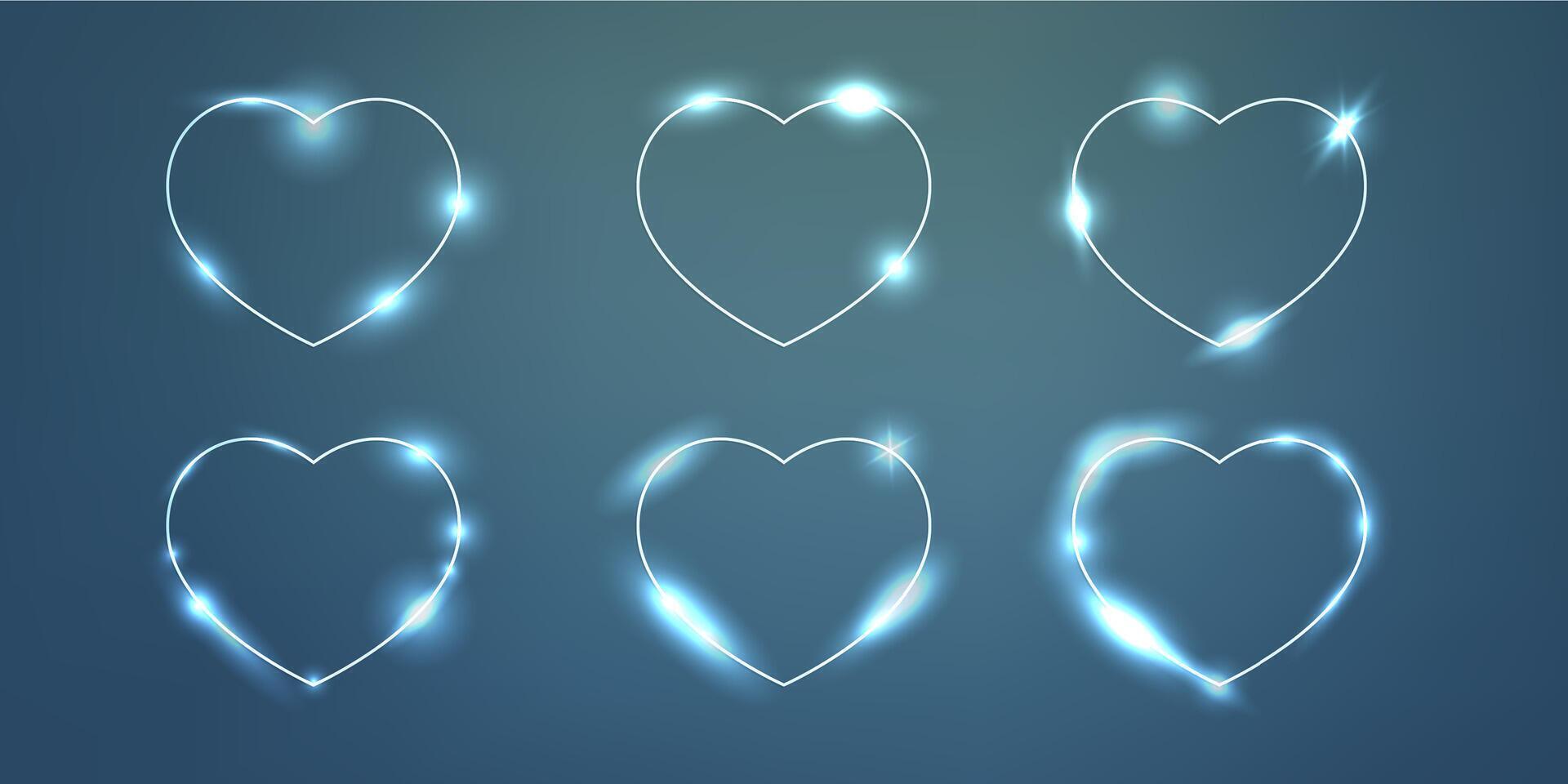 Set of six neon frames in heart form with shining effects and sparkles on dark background. Empty glowing techno backdrop. illustration vector