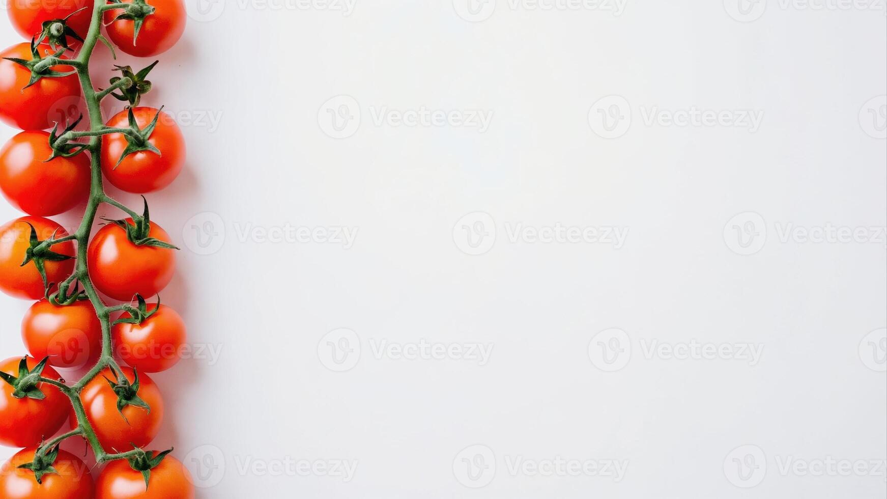 Bright red cherry tomatoes with green stems are placed on the left on a pure white background, emphasizing their freshness and appetizing appearance.place for the text photo