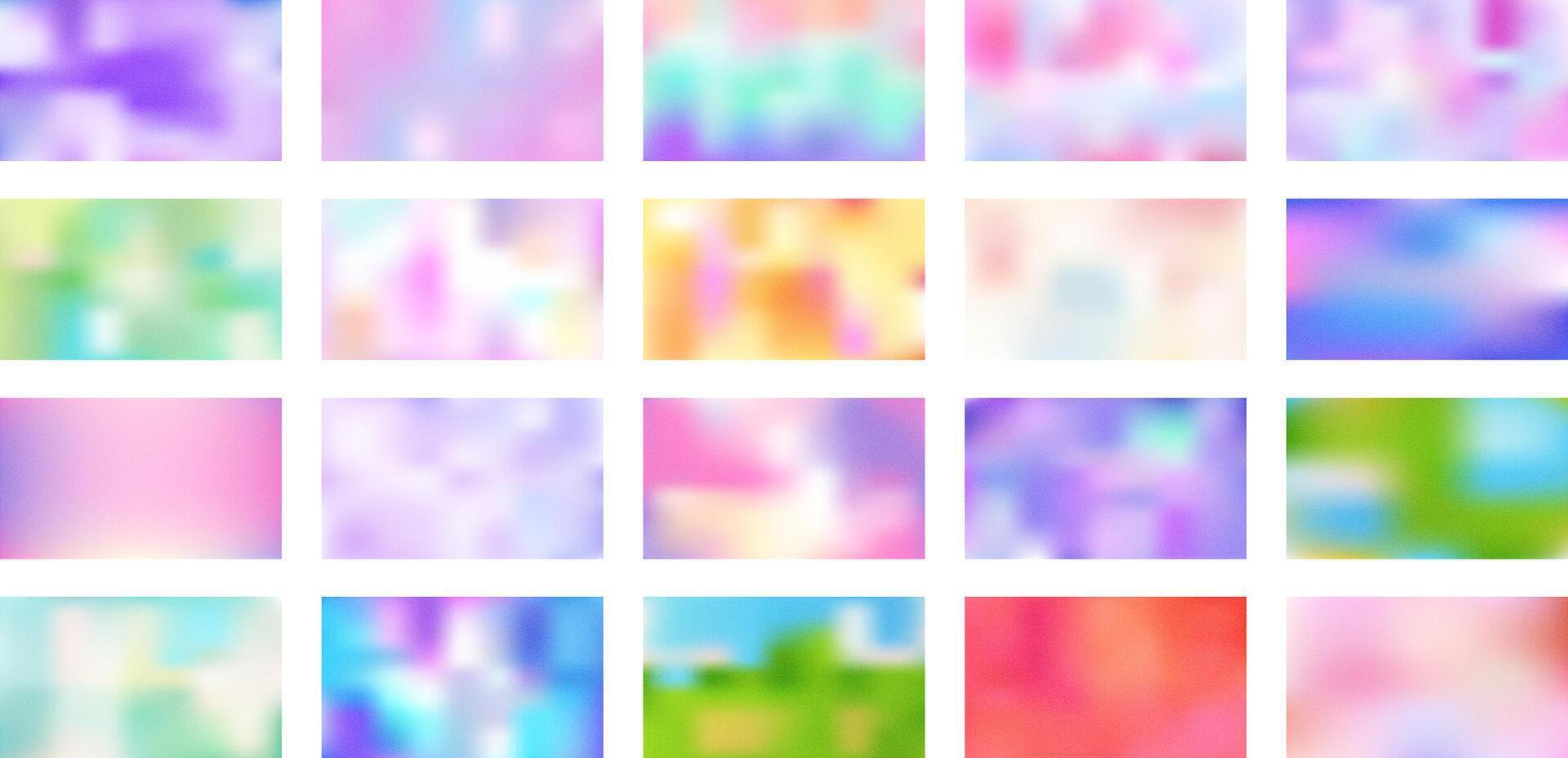 Set of grain gradient backgrounds with soft blurred effect, colorful abstract textures in pastel and vibrant shades. Perfect for web design, branding, posters, social media, and digital art. Stock illustration in grain gradient style. vector