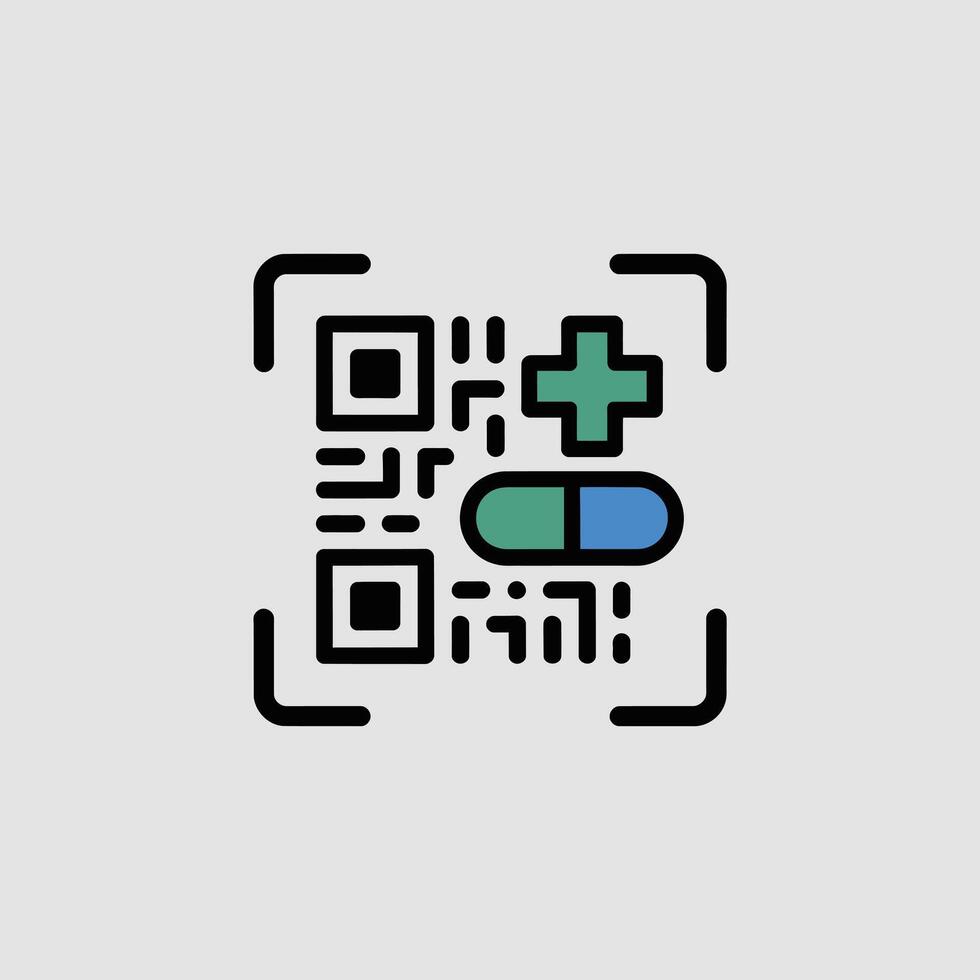 Minimalist Icon Design Featuring a Q R Code Integrated with a Medical Cross and a Teal and Blue Capsule vector