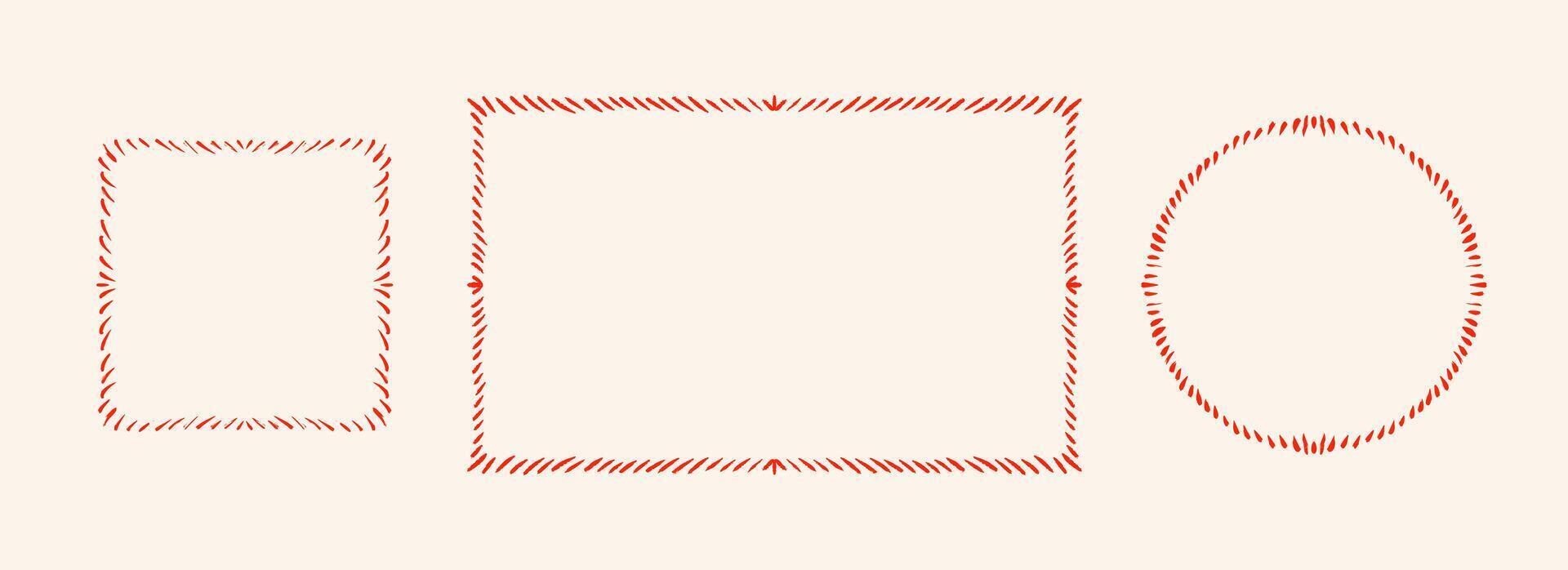 Hand drawn striped frame set. Red dashed edge border collection. Circle, rectangle and square doodled scalloped box bundle for invitation template, poster, banner. Sketched cadre pack. vector