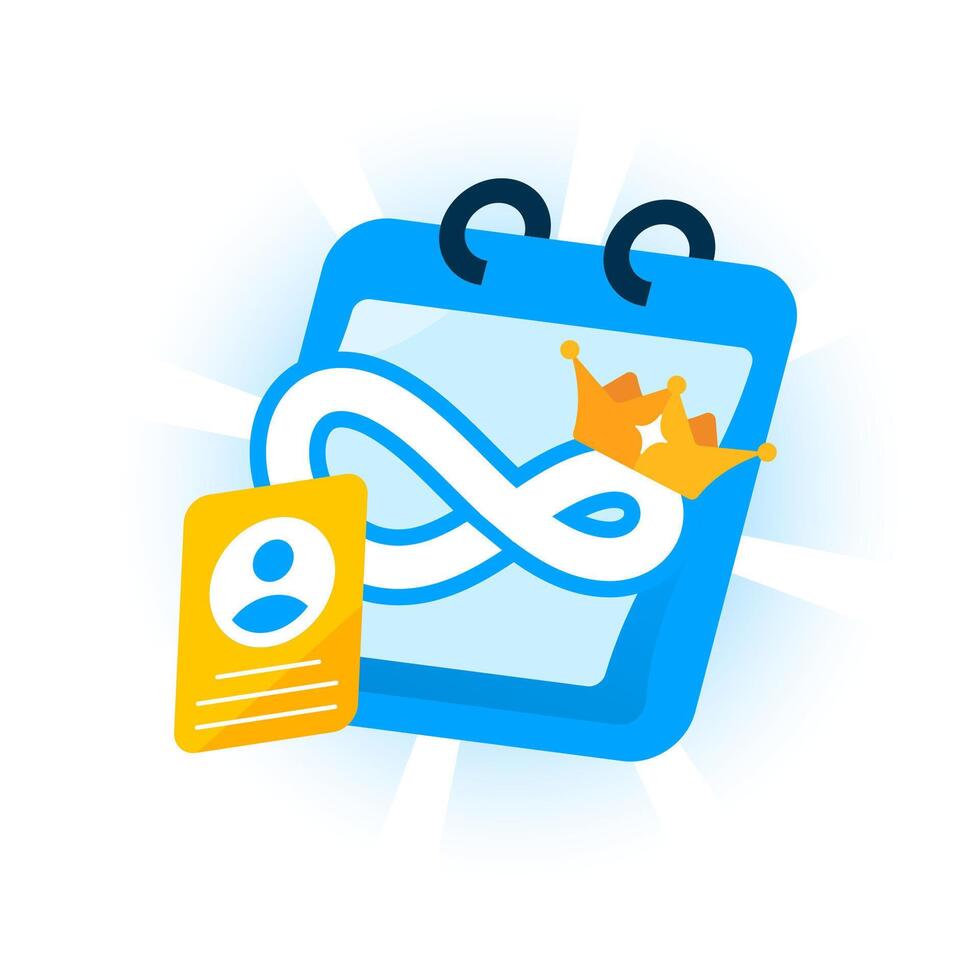 illustration of calendar with user account and infinity symbol, representing lifetime access, unlimited subscription, permanent membership, or one time purchase license vector