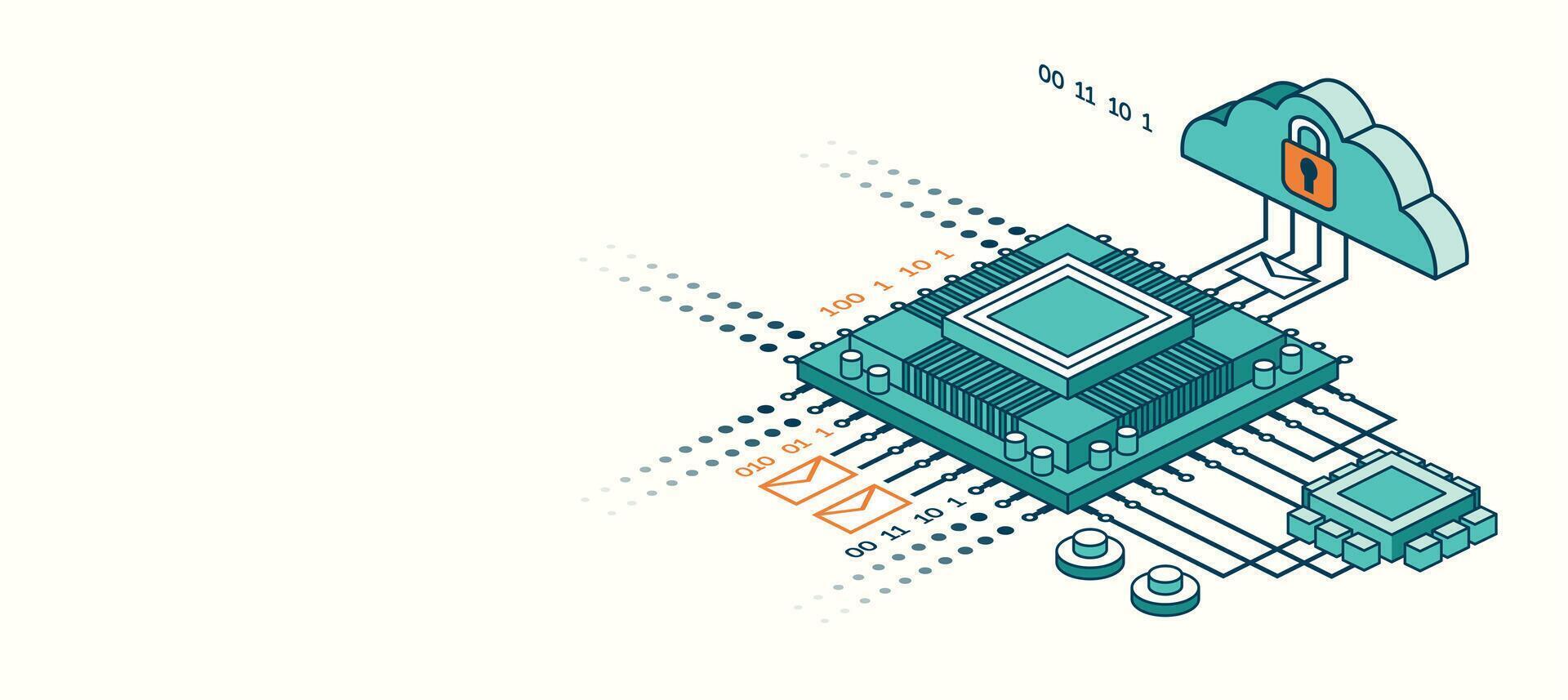 Isometric illustration of AI CPU technology with binary code, cloud storage, and secure data flow. Concept of artificial intelligence, innovation, and digital processing. vector
