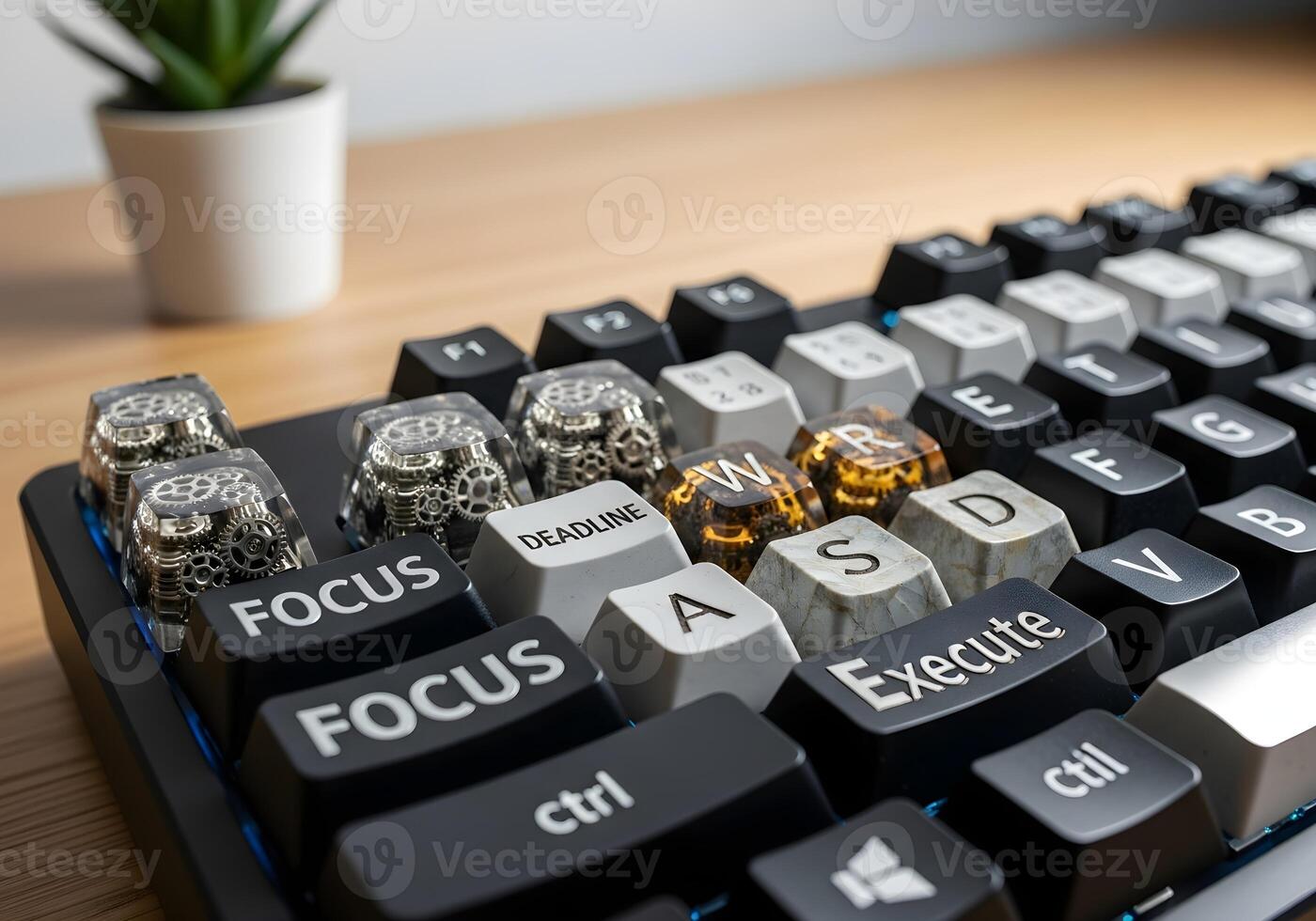 Macro view of custom keycaps on ergonomic keyboard with creative words like 'focus' and 'deadline', crisp image quality in a modern office setup photo