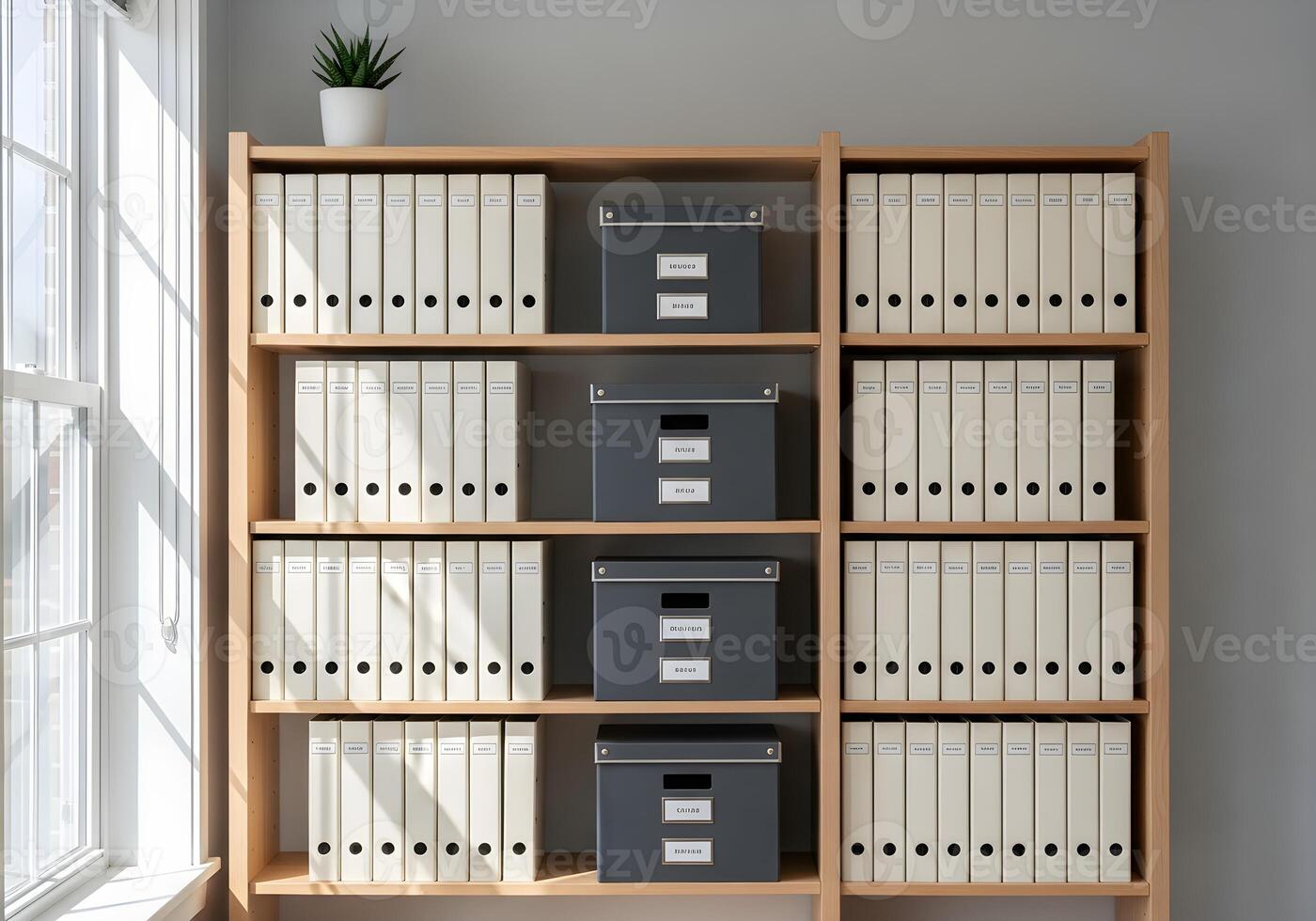 Modern office bookshelf with organized folders and storage boxes illuminated by natural light, clean and tidy minimal workspace photo