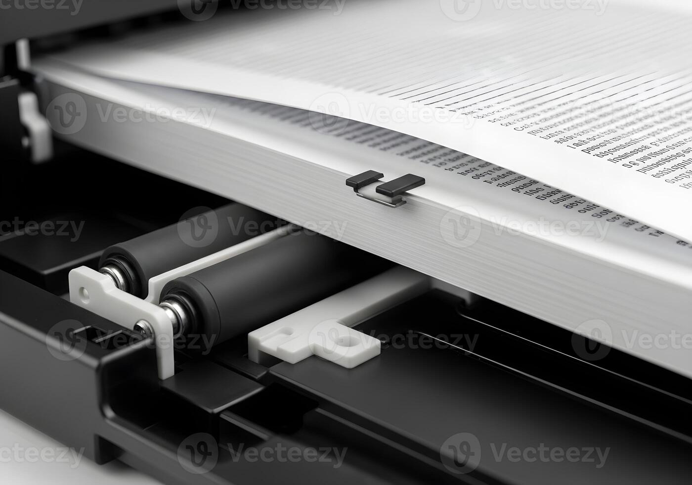 Ultra-detailed photo of office printer ejecting paper during work process, showing sharp mechanical elements and clean environment