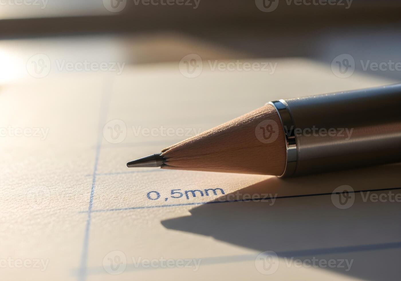 Macro close-up of mechanical pen tip on lined notebook page in office environment with soft natural daylight and high sharpness photo