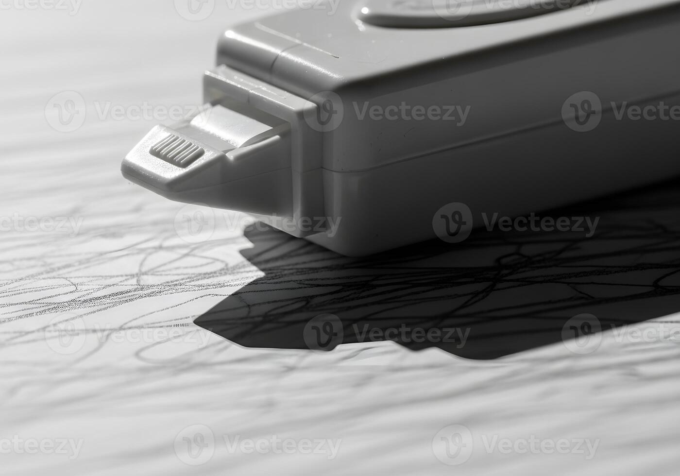 Macro photo of correction tape dispenser placed next to scribbled paper, highlighting office tool texture with sharp focus and clean setup