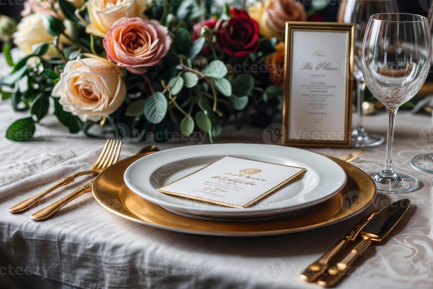 A table setting with a white plate on top of a gold charger, gold silverware, a white menu card with gold border, a gold frame, a gold fork, a white rose bouquet in the background, and a tablecloth photo