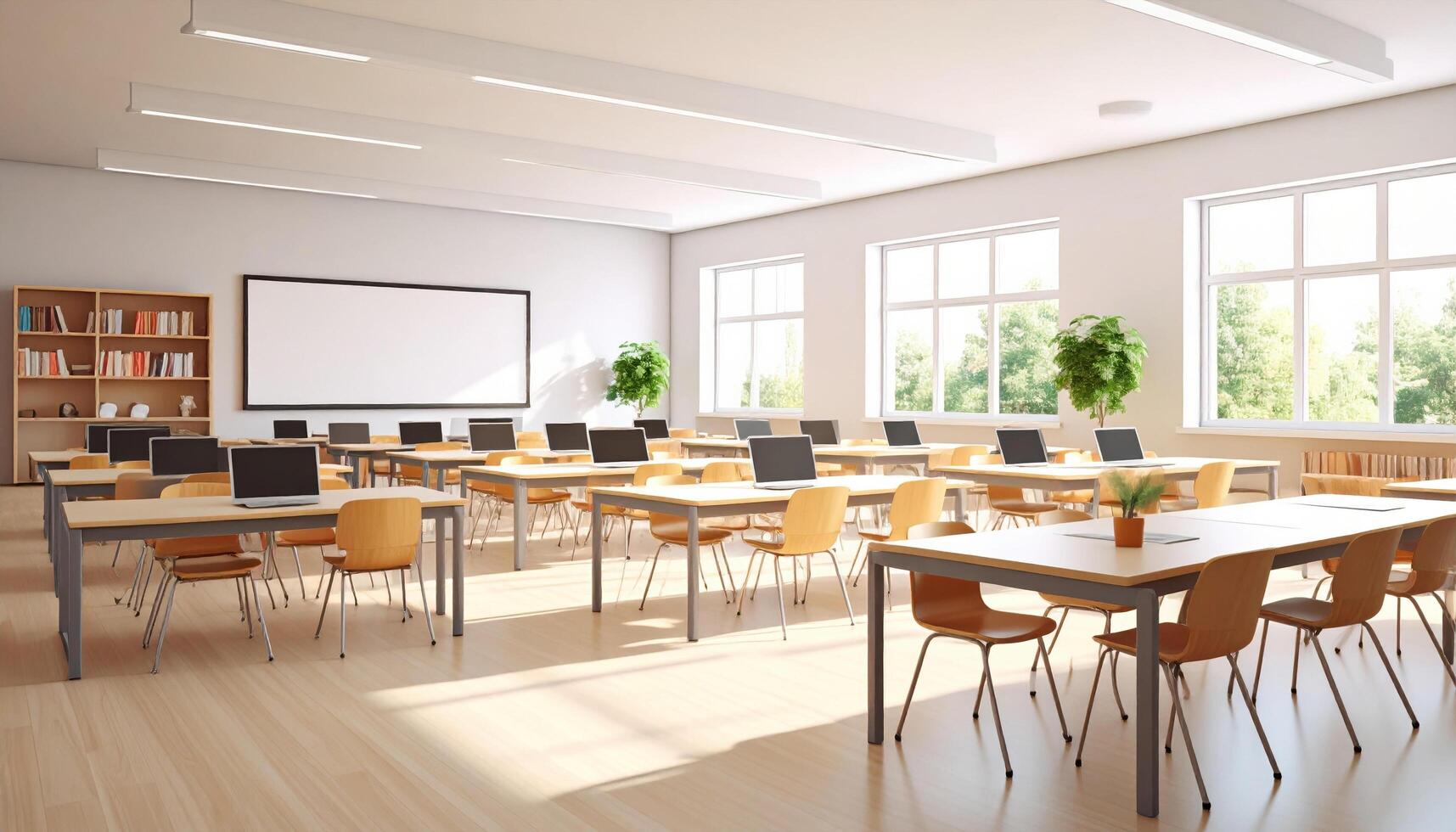 Modern classroom with wooden desks and chairs, equipped with computers. Bright natural light floods space through large windows, creating inviting learning environment photo