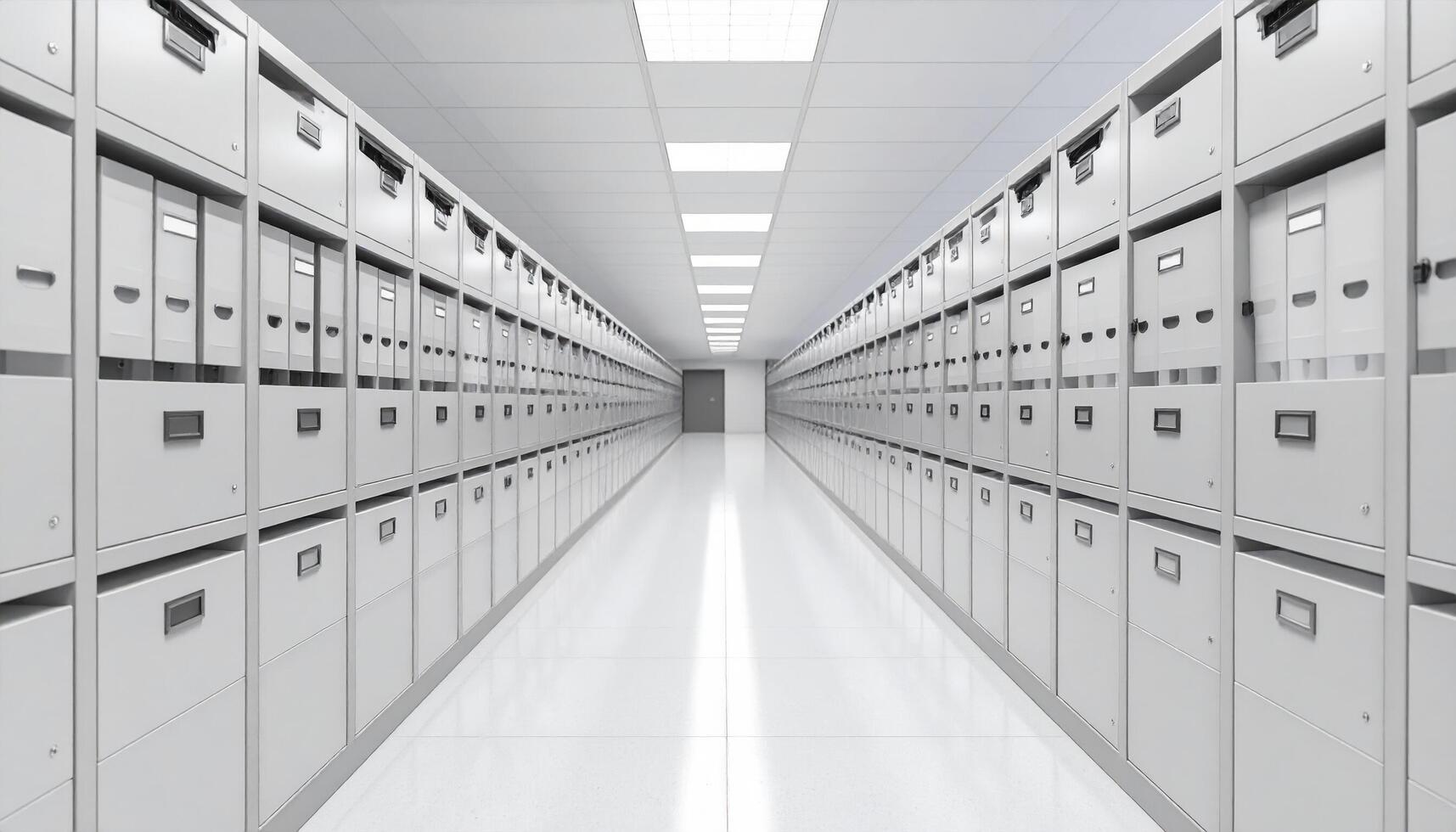 Modern archive room featuring rows of organized filing cabinets, creating clean and efficient workspace. bright lighting enhances spacious feel, promoting sense of order and productivity photo