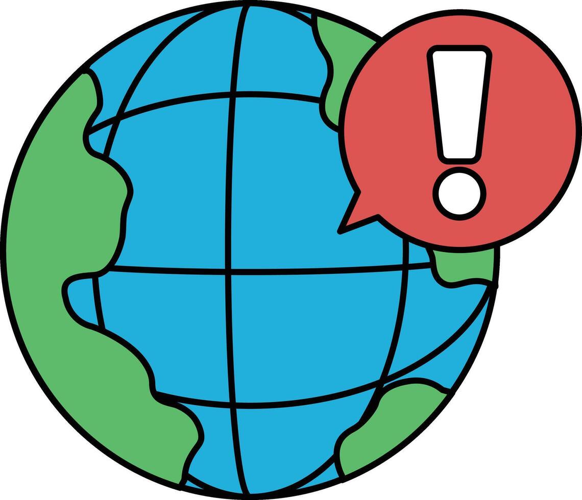 A globe with a speech bubble above it that says exclamation vector