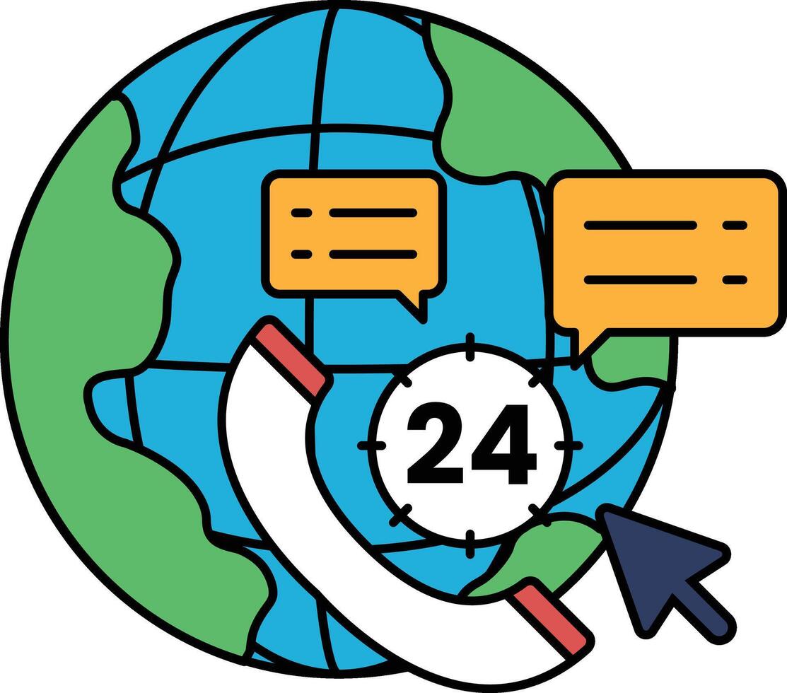 A globe with a phone on it and the time 24 vector