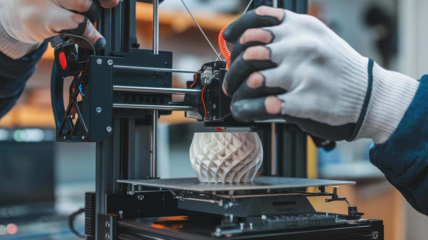 3D printing process with a close-up of hands operating a printer, white isolate background. photo