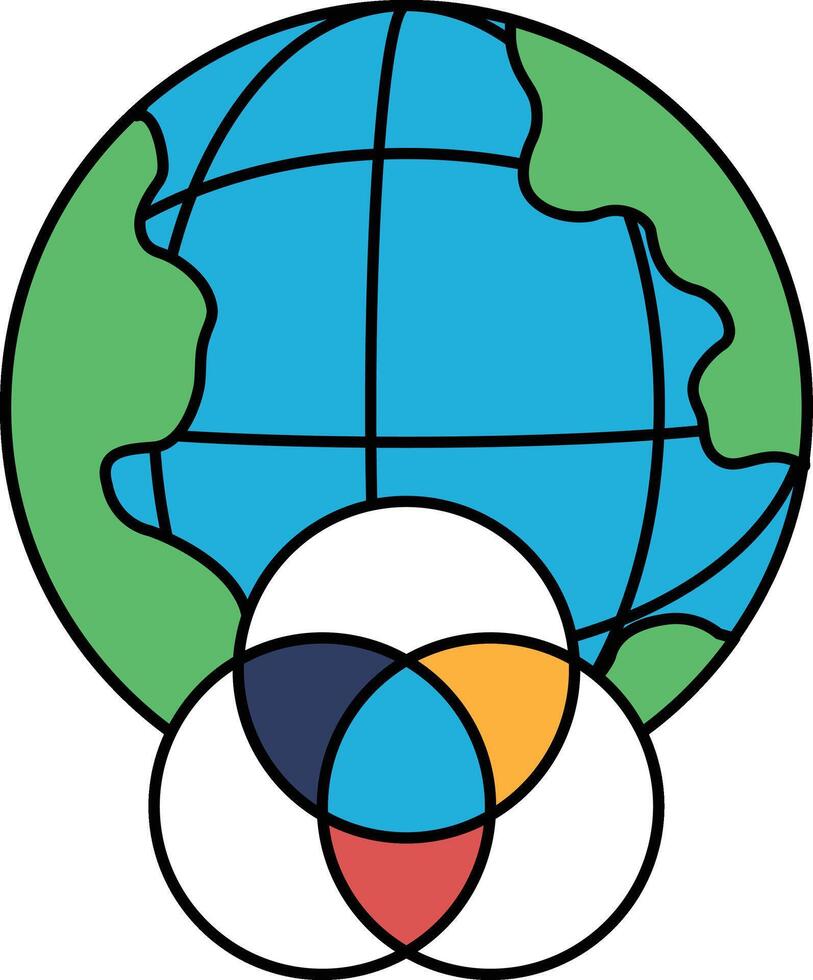 A black and white drawing of a globe with three circles around it vector