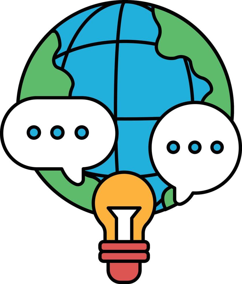 A globe with two speech bubbles and a light bulb vector