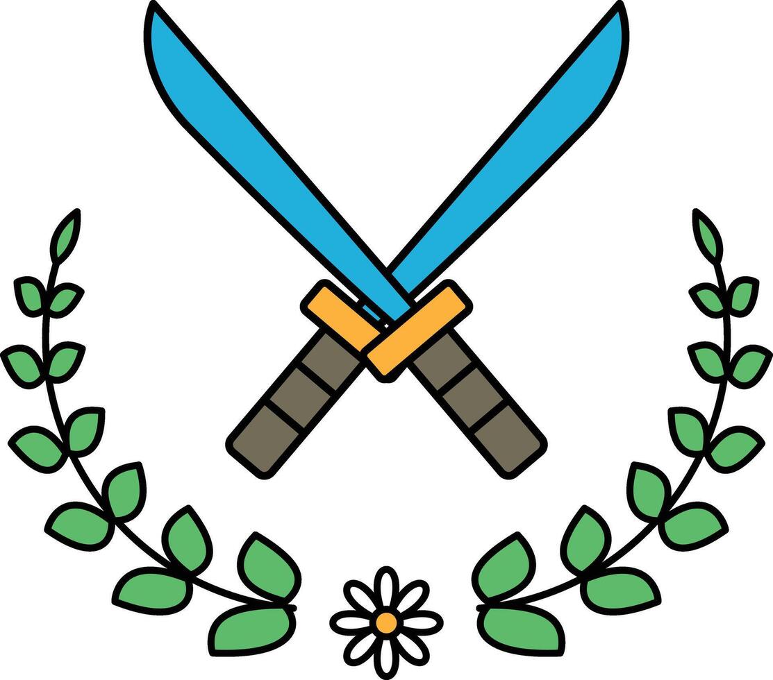 Two swords crossed over each other, with a leafy border surrounding them vector