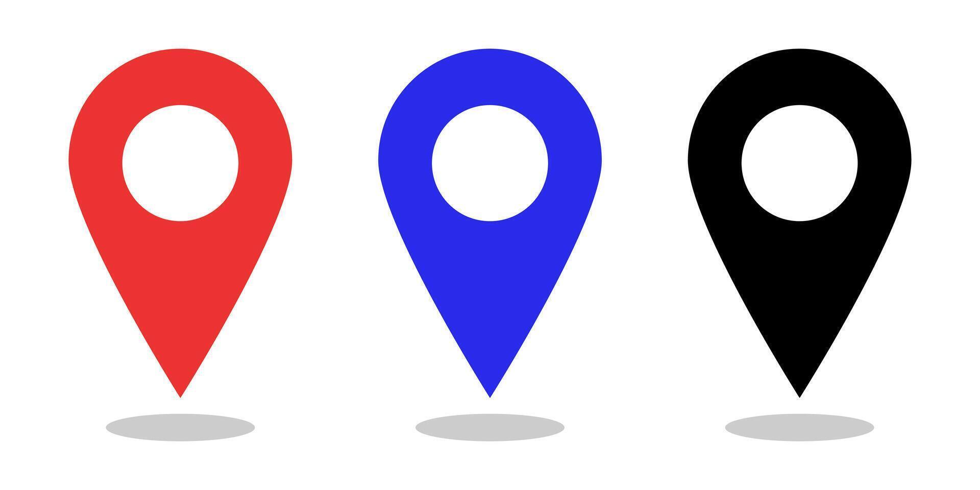 Set of location pin icons in red, blue, and black. Perfect for maps, GPS navigation, travel guides, mobile apps, and modern infographics. vector