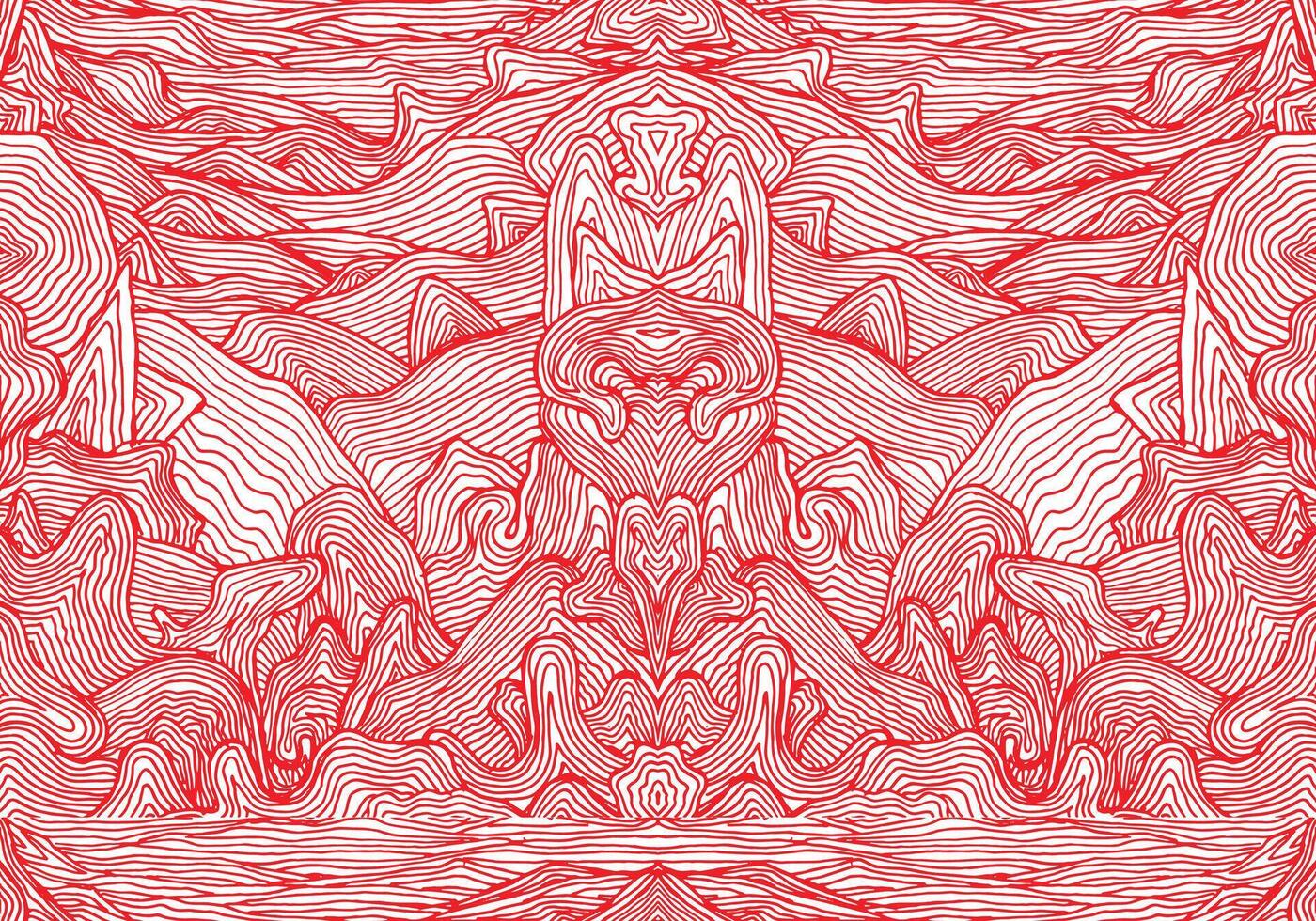 Abstract red line art depicting flowing waves and mountains, creating a dynamic, textured landscape with intricate patterns on a white background vector