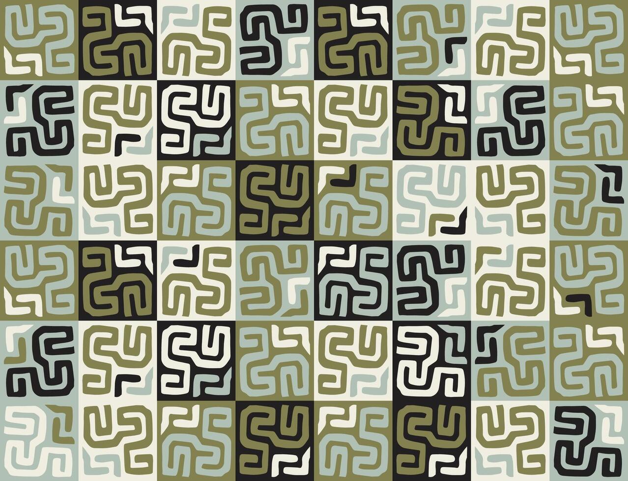 Abstract hand drawn retro square shape geometric pattern featuring interwoven lines in earthy tones of green, black, and cream, arranged in a tiled layout with monochrome color effect. vector